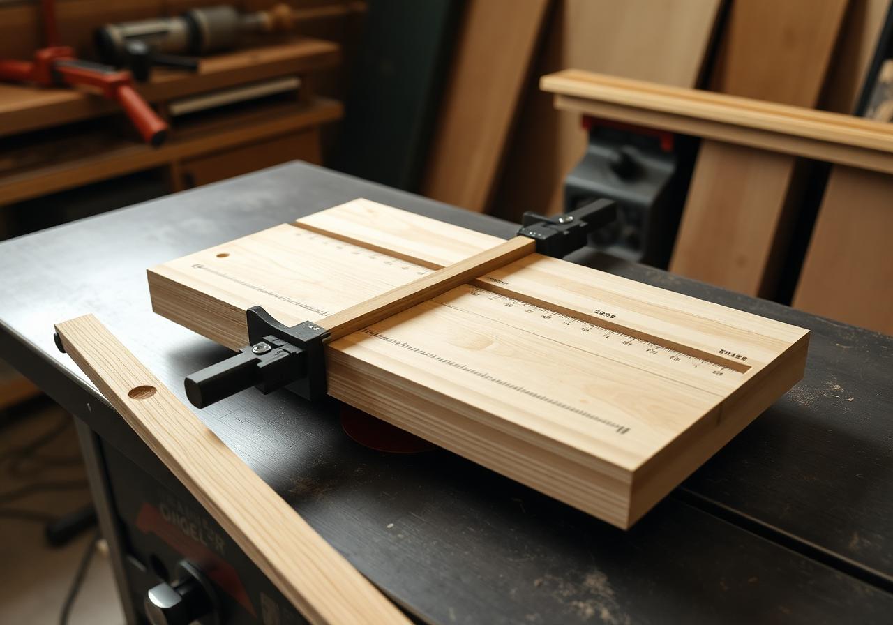 Shop-made crosscut jig clamped to a table saw