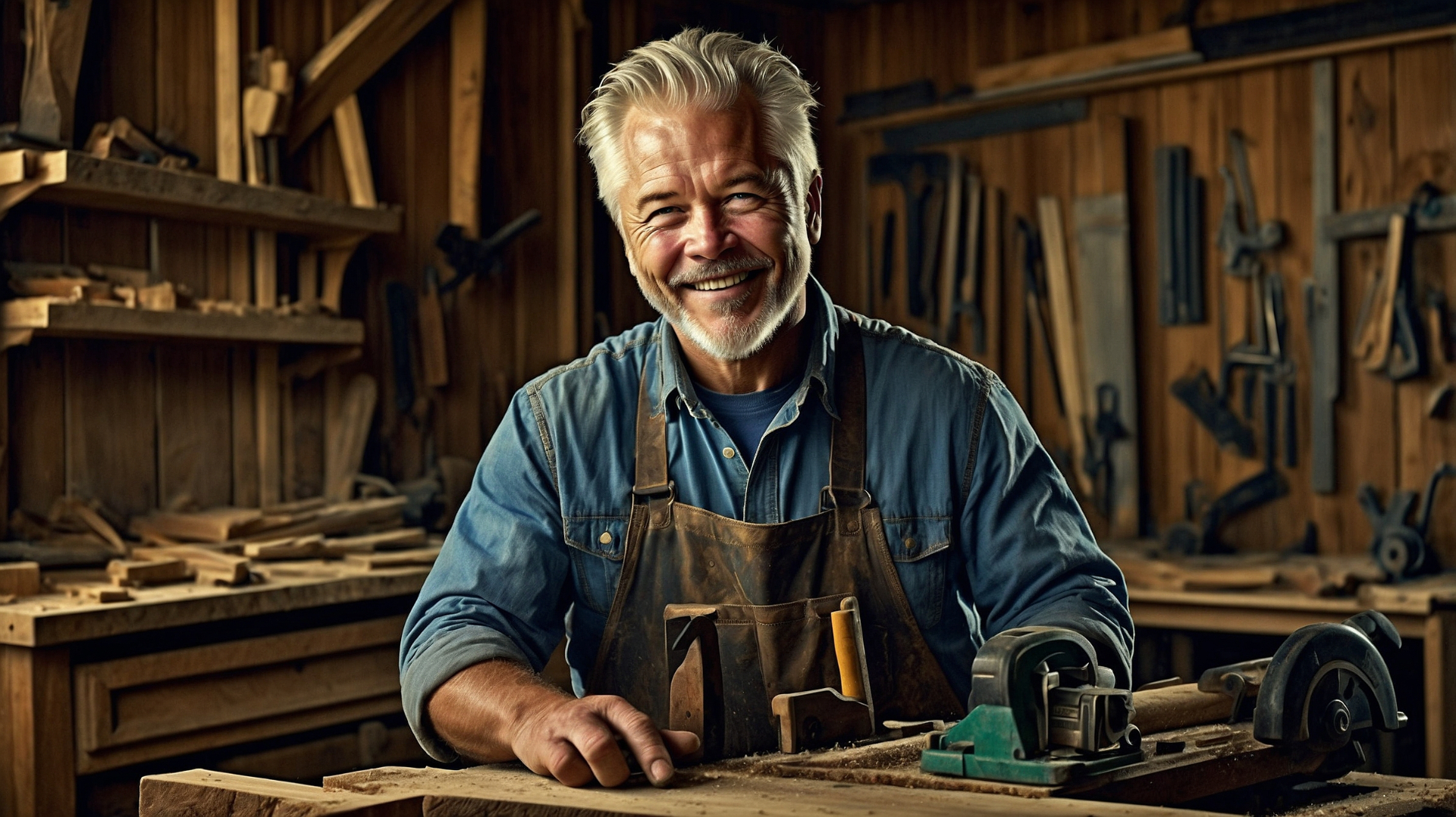 Woodworker Chuck smiling in his workshop