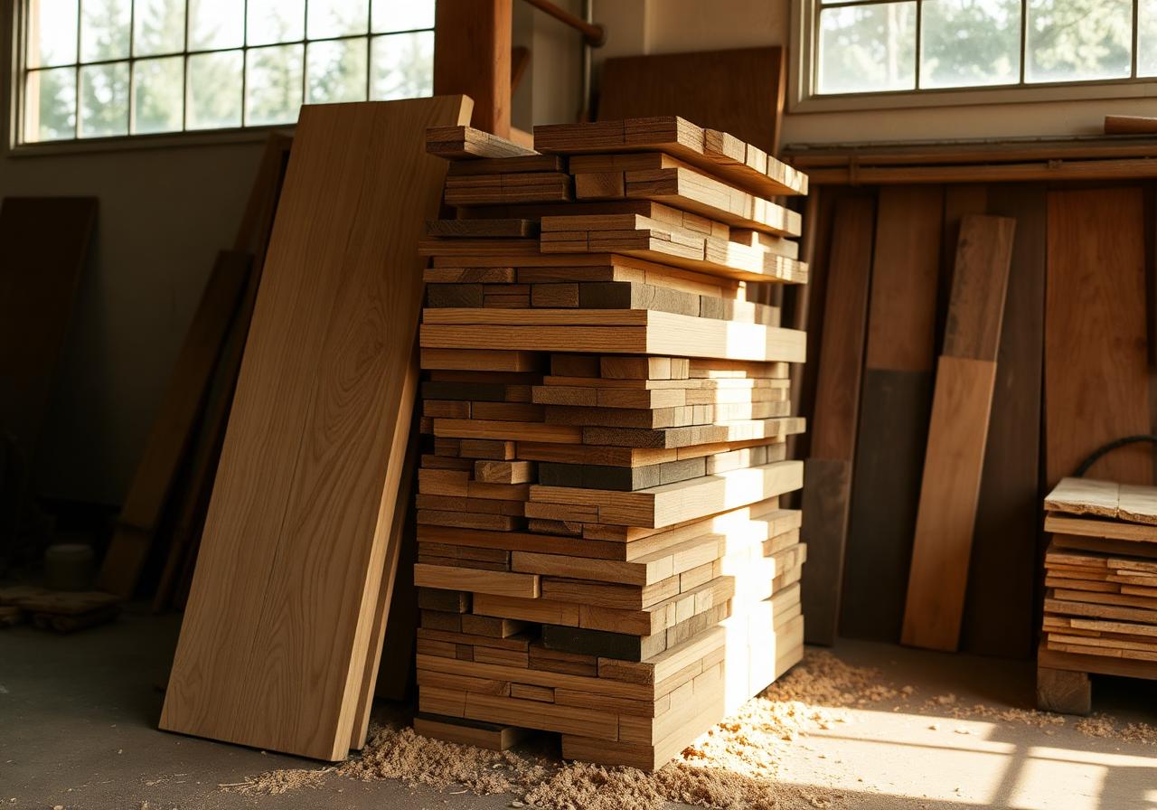 Stack of fresh sawn hardwood lumber boards in a sunlit workshop